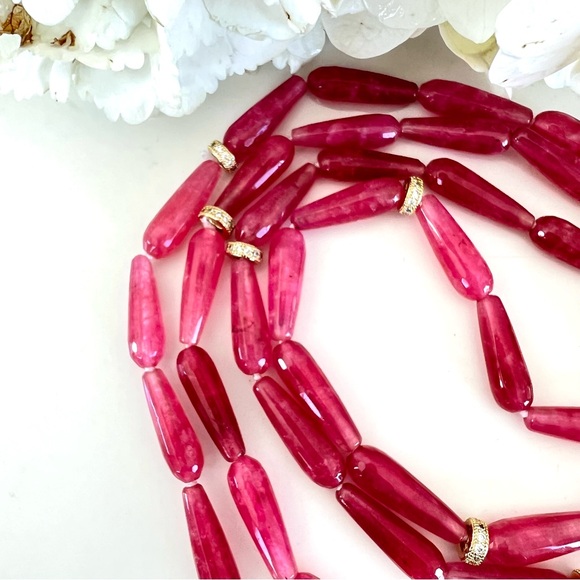 Natural Pink Rubellite Tourmaline Gemstone Baroque Pearl Long Designer Necklace - Picture 4 of 14